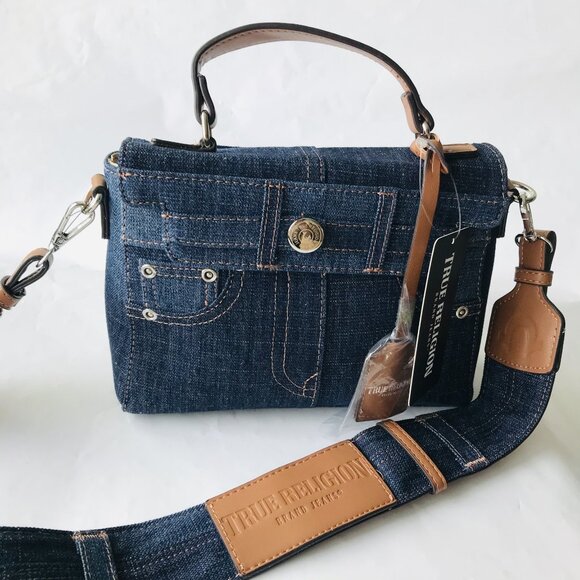 TRUE RELIGION Dk BLUE Jean POCKET CROSSBODY Guitar STRAP Flap DENIM Bag NWT - Picture 1 of 10